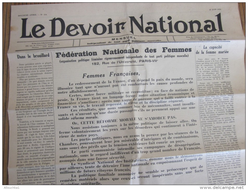 25 Déc 1939 Journal "Le Devoir National"Fédération Nationale Femme Independant De Tout Parti Politique Masculin - Other & Unclassified