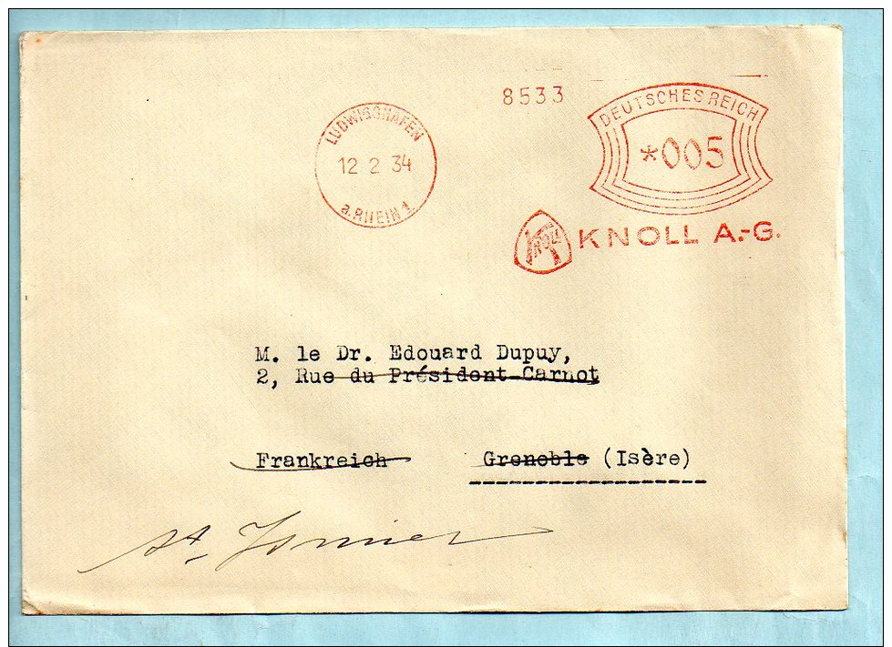 KNOLL A.G. Ludwigshafen Du 12/02/1934. (P6745) - Maschinenstempel (EMA)