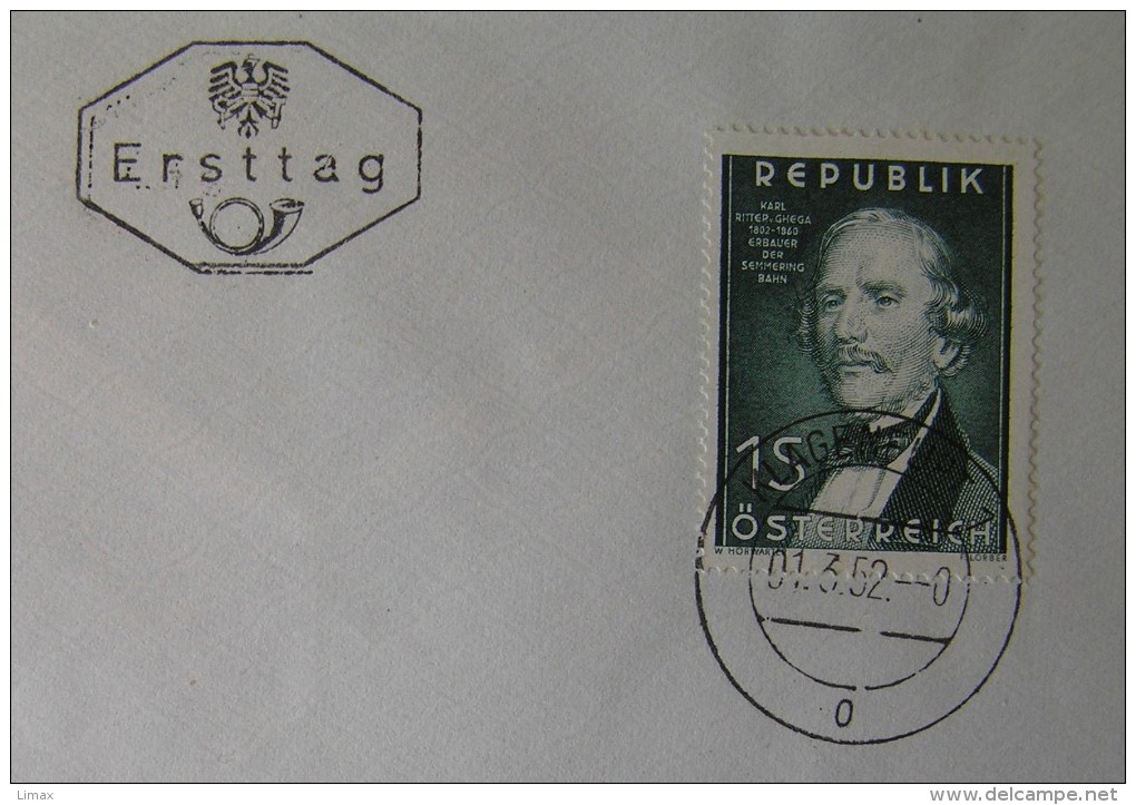 Karl Ritter Von Ghega Erbauer Semmeringbahn  ANK 986 (1952) - FDC