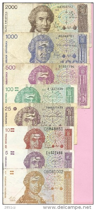 Banknotes - Lot - 1, 5, 10, 25, 100, 500, 1000, 2000 HRD, Croatia - Croatia