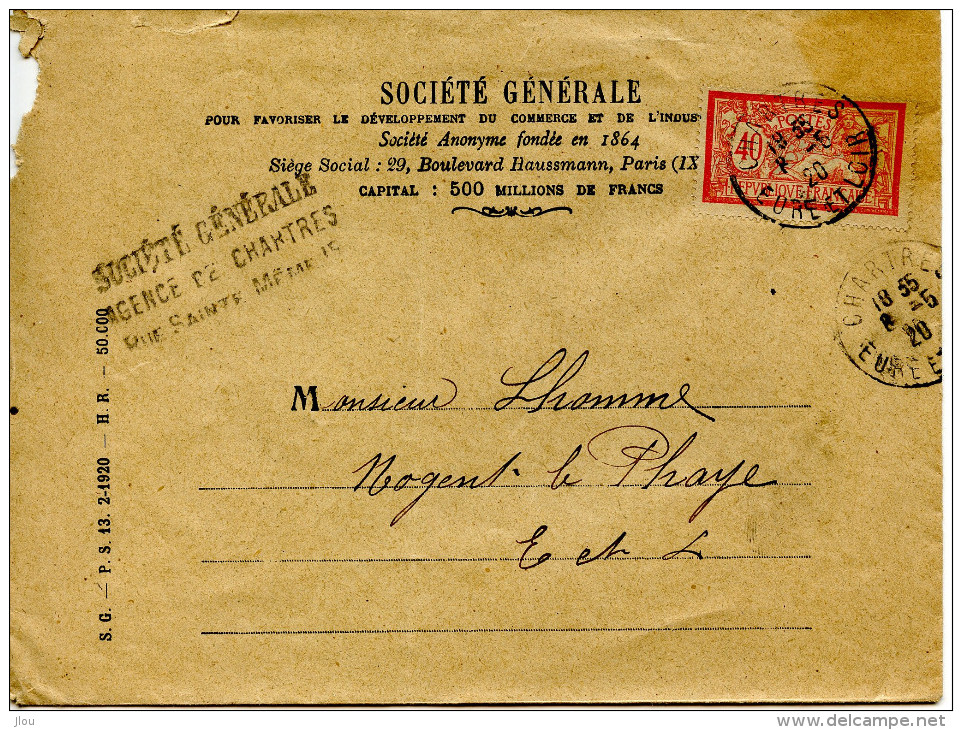 Lettre 1920 Chartres (28) Pour Nogent Le Phaye (28) Merson - Cartas & Documentos