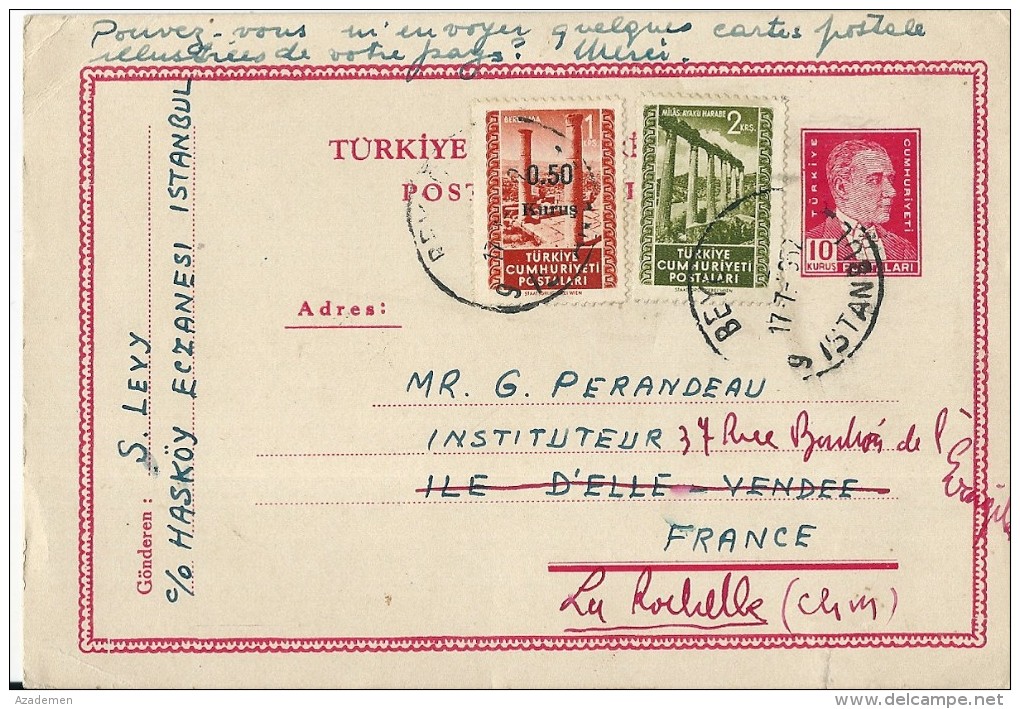 Carte D' ISTANBUL Pour La  France 1952 - Entiers Postaux