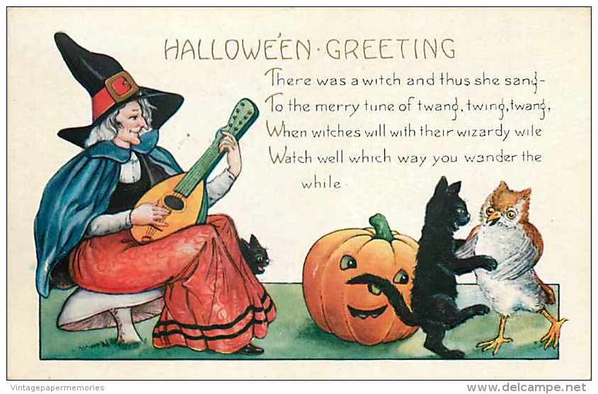 225537-Halloween, Whitney No WNY08-3, Witch Playing Guitar, Black Cat & Owl Dancing While Jack O Lantern Watches - Halloween