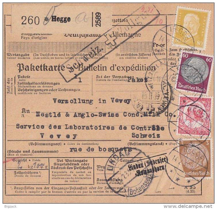 DR Paketkarte Mif Minr.437,513,526,555 Hegge 14.2.35 Gel. In Schweiz - Briefe U. Dokumente