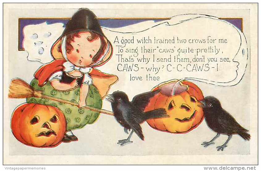 225545-Halloween, Whitney No WNY06-4, Young Girl Witch Talking To Black Crows - Halloween