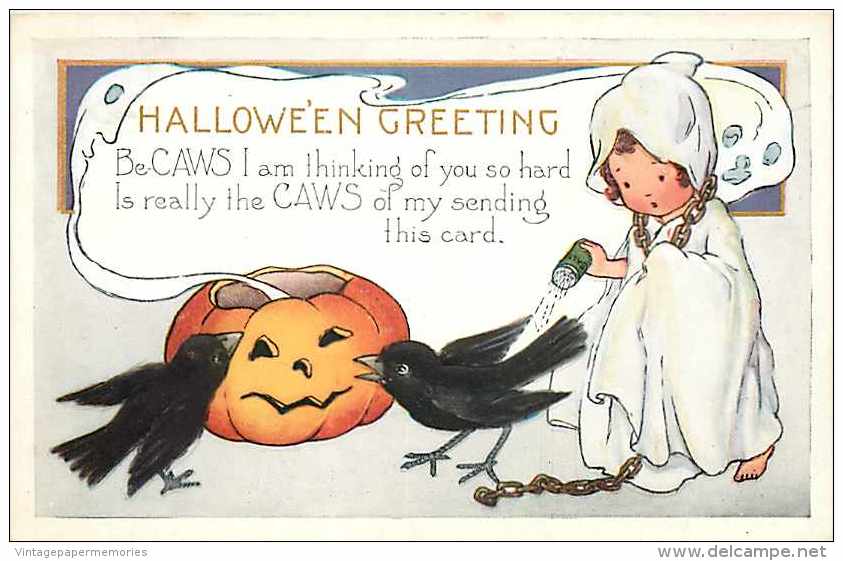 225547-Halloween, Whitney No WNY06-1, Young Girl In Ghost Outfit Pouring Salt On Black Crow, Jack O Lantern - Halloween