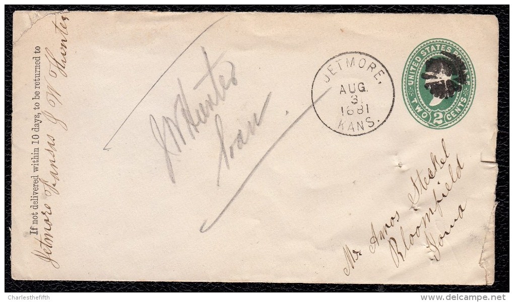 Prestamped Opened COVER 1881 - JETMORE KANSAS To BLOOMFIELD - Nice Oblit. Both Sides - ...-1900