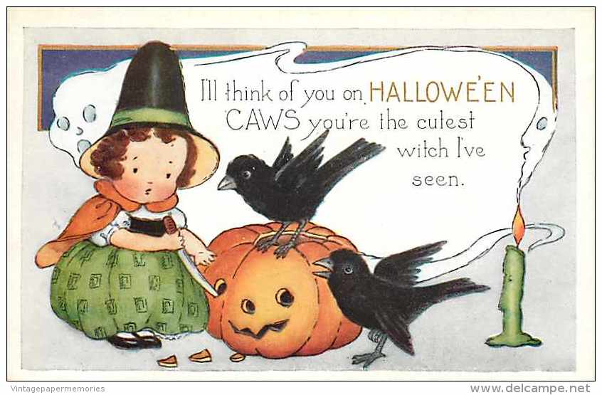 225553-Halloween, Whitney No WNY06-3, Young Girl Witch Carving A Jack O Lantern While Black Crows Watch - Halloween