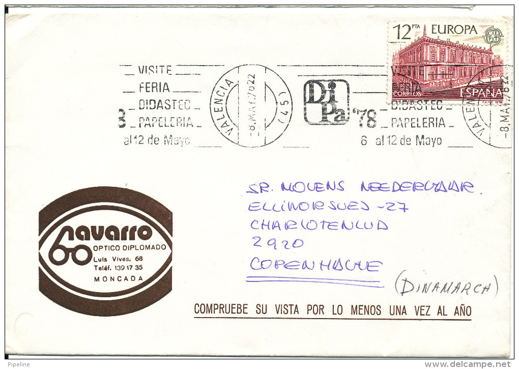 Spain Cover Sent To Denmark Valencia 8-5-1978 Single Stamped EUROPA CEPT Stamp - Lettres & Documents