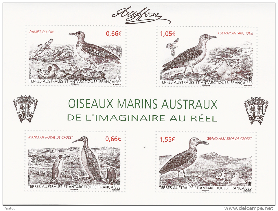 French Antarctic (FSAT), Birds By Buffon, 2014, MNH VF Souvenir Sheet Of 4 - Unused Stamps