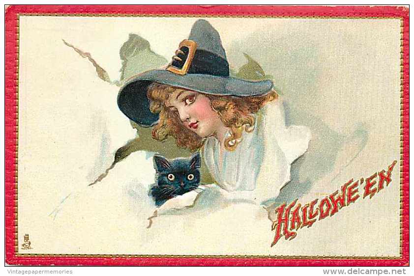 225561-Halloween, Tuck No 174-8, Frances Brundage, Witch With Black Cat - Halloween