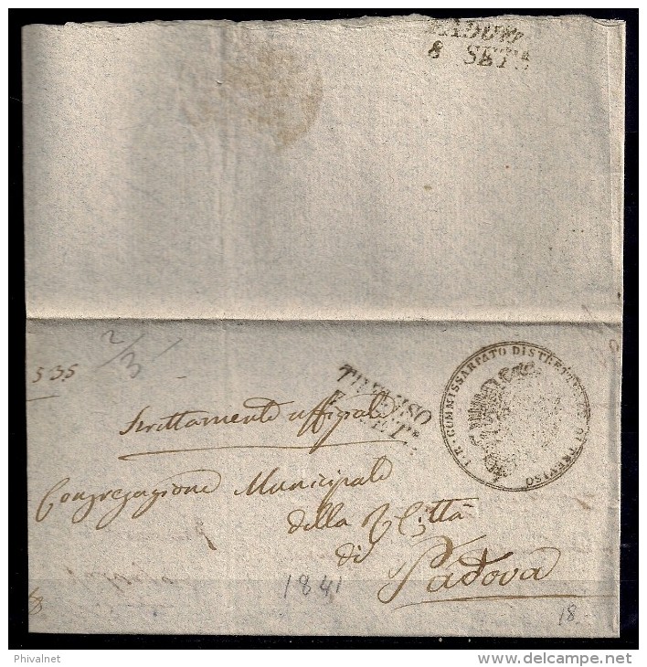 AÑO 1841, TREVISO - PADOVA, CARTA  PREFILATELICA " TREVISO / 7 SET.", " I.R. COMMISSARIATO DISTRETTUALE DI TREVISO" - 1. ...-1850 Prefilatelia