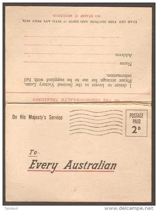 TASMANIA - 1944 OHMS Un-issued Lettercard, Addressed To Every Australian Asking To Invest In The Second Victory Loan - Brieven En Documenten