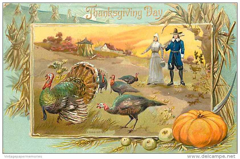 225741-Thanksgiving, Tuck No 175-6, Pilgrams Watching Turkeys In A Field, Artist RJ Wealthy Unsigned - Thanksgiving