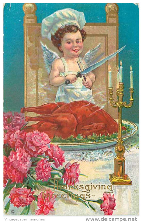 225747-Thanksgiving, Stecher No 113 B, Cupid With Knife & Fork About To Carve A Turkey, Candle, Roses, Embossed Litho - Giorno Del Ringraziamento