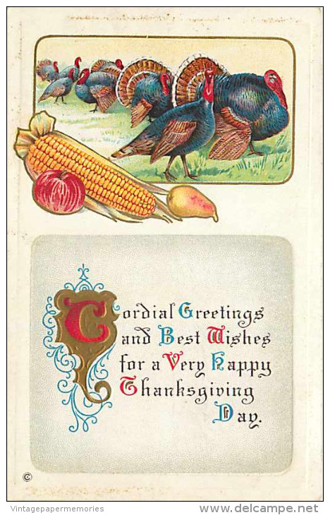 225757-Thanksgiving, Stecher No 253 B, Group Of Turkeys, Corn, Pear & Apple, Cordial Greetings, Embossed Litho - Thanksgiving