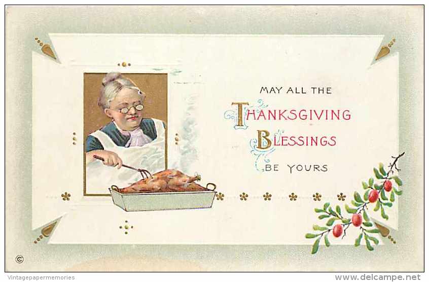 225765-Thanksgiving, Stecher No 340 B, Elderly Woman With Cooked Turkey, Embossed Litho - Thanksgiving