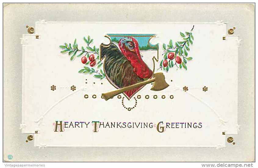 225767-Thanksgiving, Stecher No 340 C, Turkey In Shield, Gold Ax, Embossed Litho - Giorno Del Ringraziamento