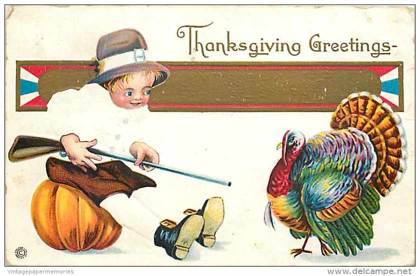 225773-Thanksgiving, Stecher No 420 A, Pilgrim Boy Sitting On Pumpkin With Gun Pointed At Turkey, Embossed Litho - Thanksgiving