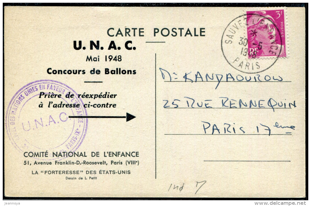 FRANCE - N° 806 / CARTE PAR BALLON LIBRE , OBL. " SAUVEZ L'ENFANCE LE 30/5/1948 PARIS " - SUP - Sonstige (Luft)