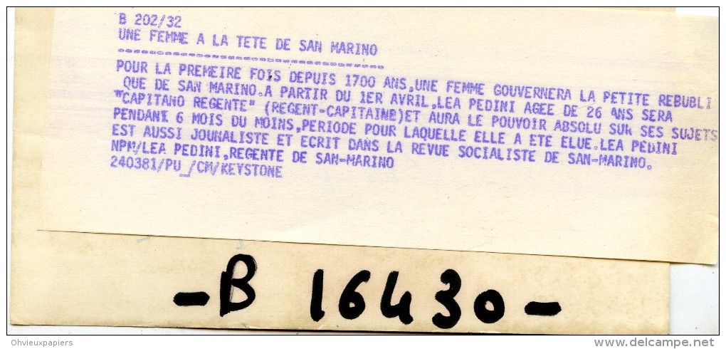 Photo  De Presse - Republique De  SAN MARINO  -   LEA PEDINI  Régente De  SAN-MARINO  En 1981 - Célébrités