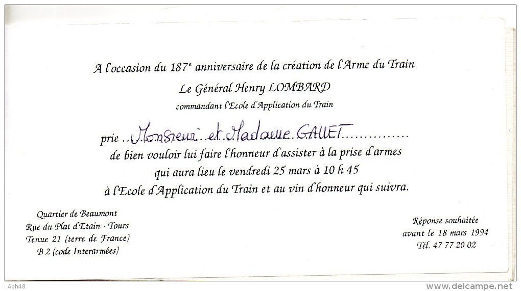 Carte Du 187ème Anniversaire De La Création De L'arme Du Train   1994 - Autres & Non Classés