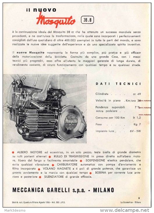 Garelli MOSQUITO 38 B 1953 Micromotore Depliant Originale Genuine Brochure Prospekt - Motorräder