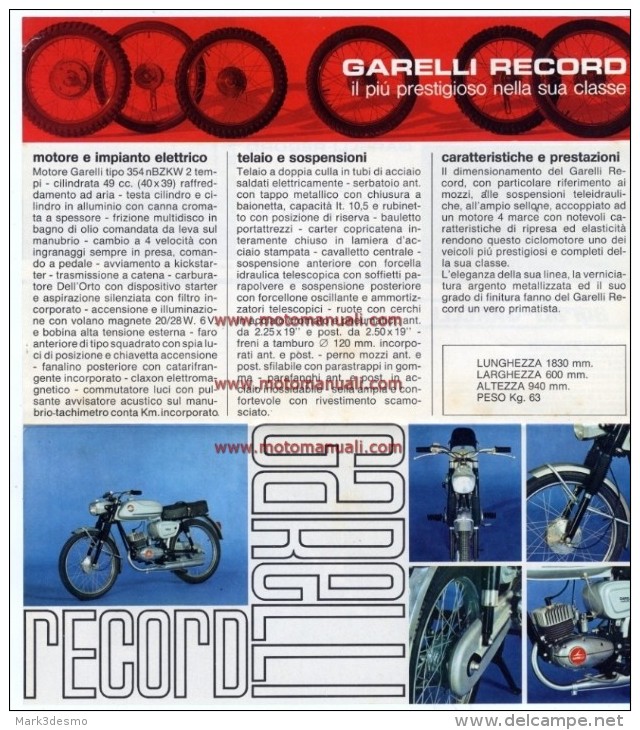 Garelli RECORD 50 1967 Depliant Originale Genuine Brochure Prospekt - Motos