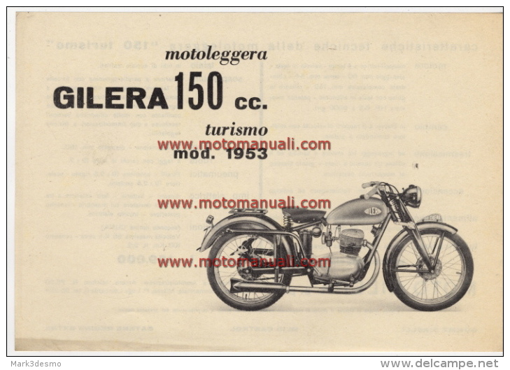 GILERA 150 TURISMO 1953 Moto Depliant Originale Genuine Brochure Prospekt - Motos