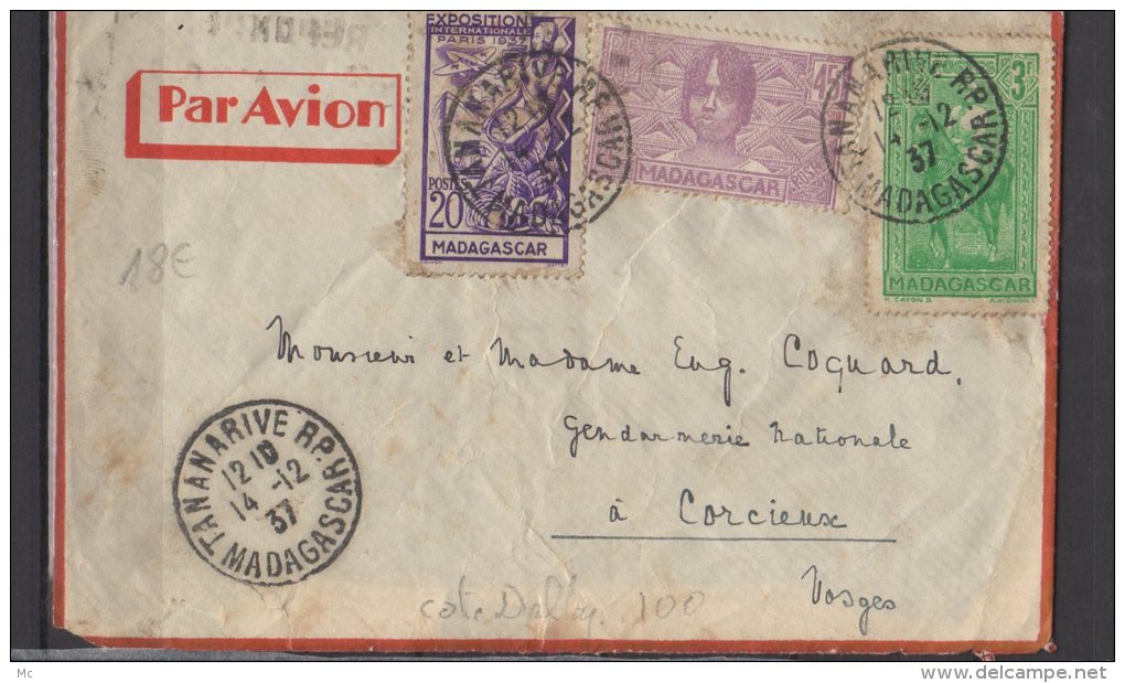 Madagascar - N° 171 , 186 Et 193 , Obli/sur Lettre Pour Corcieux  - 1937 - Cartas & Documentos