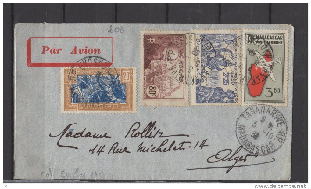 Madagascar - N° 167 , 202 , 208  Et PA N°  5A Obli/sur Lettre  Pour Alger - 1938 - Briefe U. Dokumente