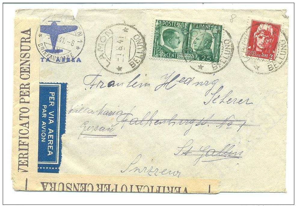 ITALY 1941 LETTER FROM LAMON, BELLUNO TO SWT. GALLEN, SWITZERLAND, REDIRECTED, CENSORED - Altri & Non Classificati