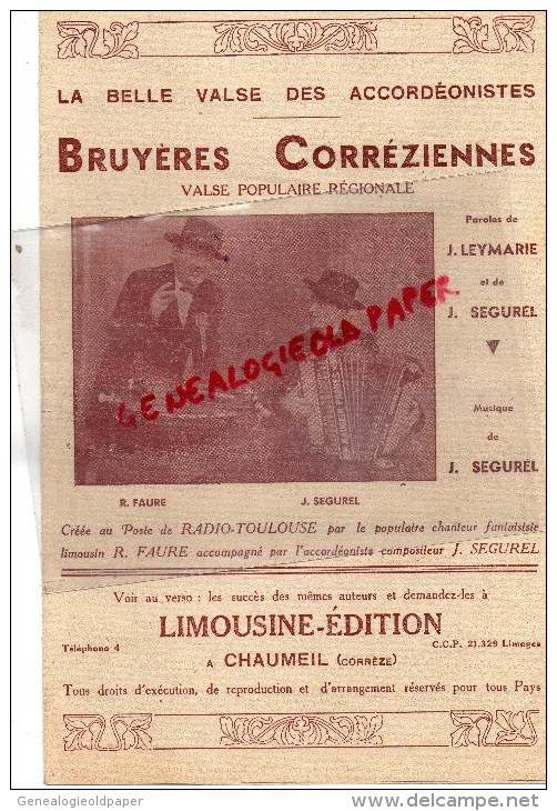 19 - CHAUMEIL - PARTITION MUSICALE BRUYERES CORREZIENNES- SEGUREL- LEYMARIE-LA BELLE VALSE DES ACCORDEONISTES- ACCORDEON - Partitions Musicales Anciennes