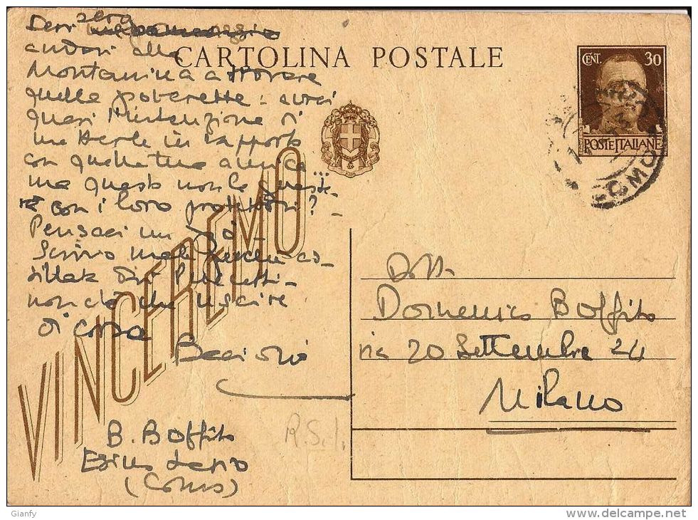 INTERO R.S.I. REPUBBLICA SOCIALE IMPERALE 30 C 1943 ESINO X MILANO - Entiers Postaux