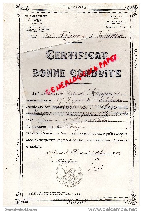 19 - LUBERSAC - CERTIFICAT BONNE CONDUITE - RENE GASTON SAGNE - CLERMONT FERRAND-1929- 92 E REGIMENT INFANTERIE - Documenti Storici