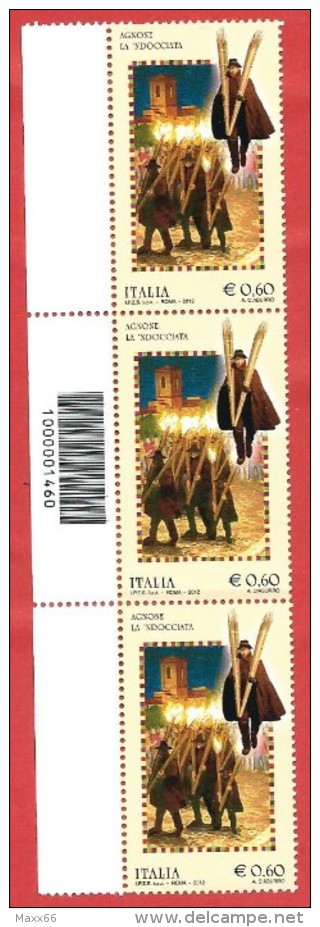 ITALIA REPUBBLICA TERZINA BARRE SX - 2012 - Folclore Italiano - Agnone, La 'ndocciata - € 0,60 - S. 3373 - Barcodes