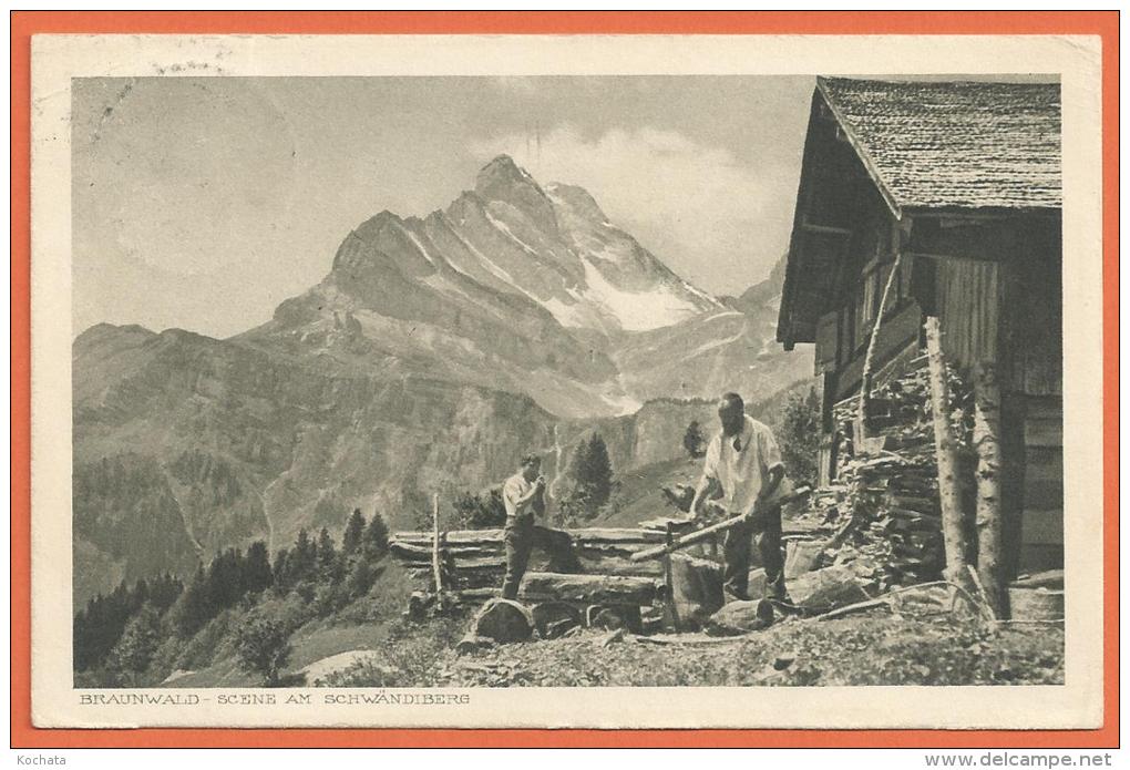 SANG129, Braunwald, Scene Am Schwändiberg, Animée, Bauer, Holz,  Circulée 1921 - Braunwald