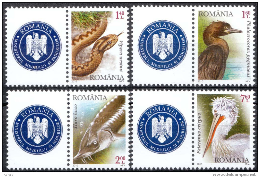 ROMANIA, 2010, PROTECTED FAUNA OF THE DANUBE RIVER, Set Of 4 + Label, MNH (**), LPMP/Sc. 1868/5183-86 - Ongebruikt