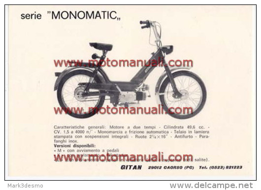GITAN MONOMATIC 50 CICLOMOTORE Depliant Originale Genuine Brochure Prospekt - Motos