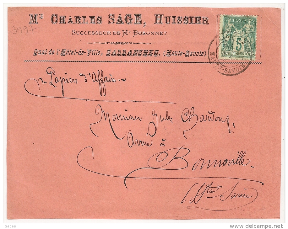 Charles SAGE, Hussier, SALLANCHES, Haute Savoie, Sur DEVANT D'enveloppe Rose  SAGE.  L3 - 1877-1920: Période Semi Moderne