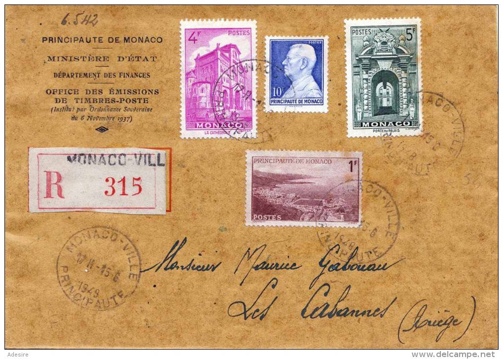 R-Brief Ministerium MONACO 1948 - 4 Fach Frankiert (1+4+5+10 F) Gel.v.Monaco Ville &gt; Les Cabanes Ariege - Briefe U. Dokumente