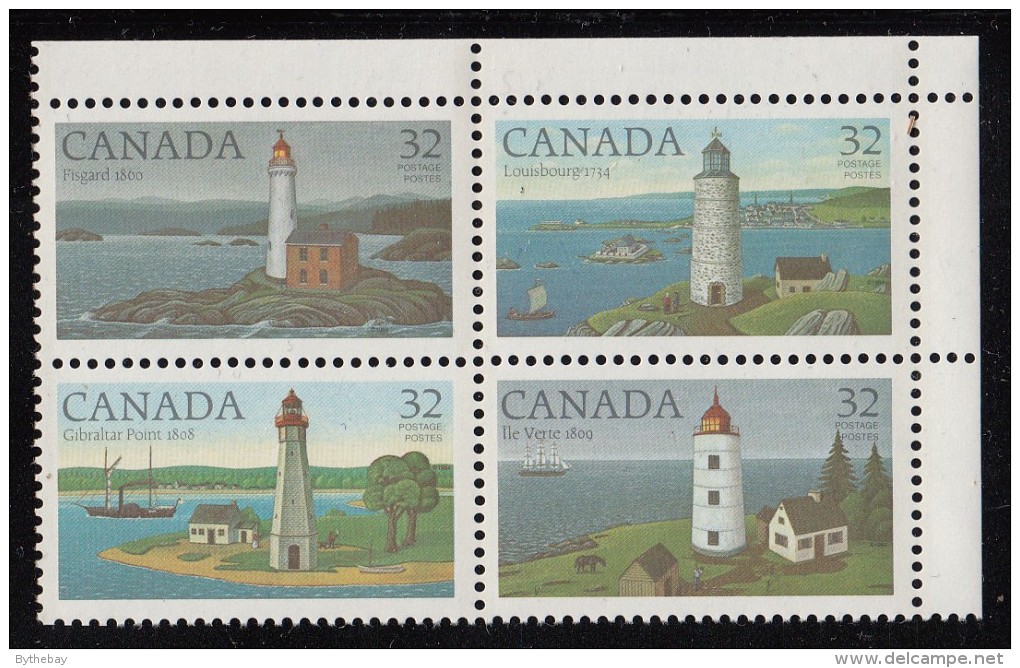 Canada MNH Scott #1035a Block Of 4 With #1035i Scratch In Sky To Left Of Lighthouse (Gibraltar)- Canadian Lighthouses I - Variétés Et Curiosités