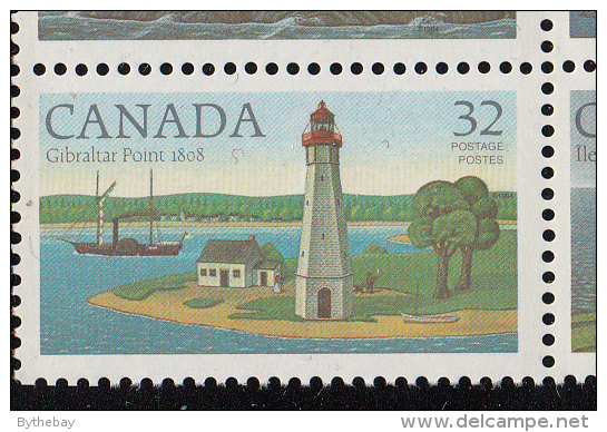 Canada MNH Scott #1035a Block Of 4 With #1035i Scratch In Sky To Left Of Lighthouse (Gibraltar)- Canadian Lighthouses I - Variedades Y Curiosidades