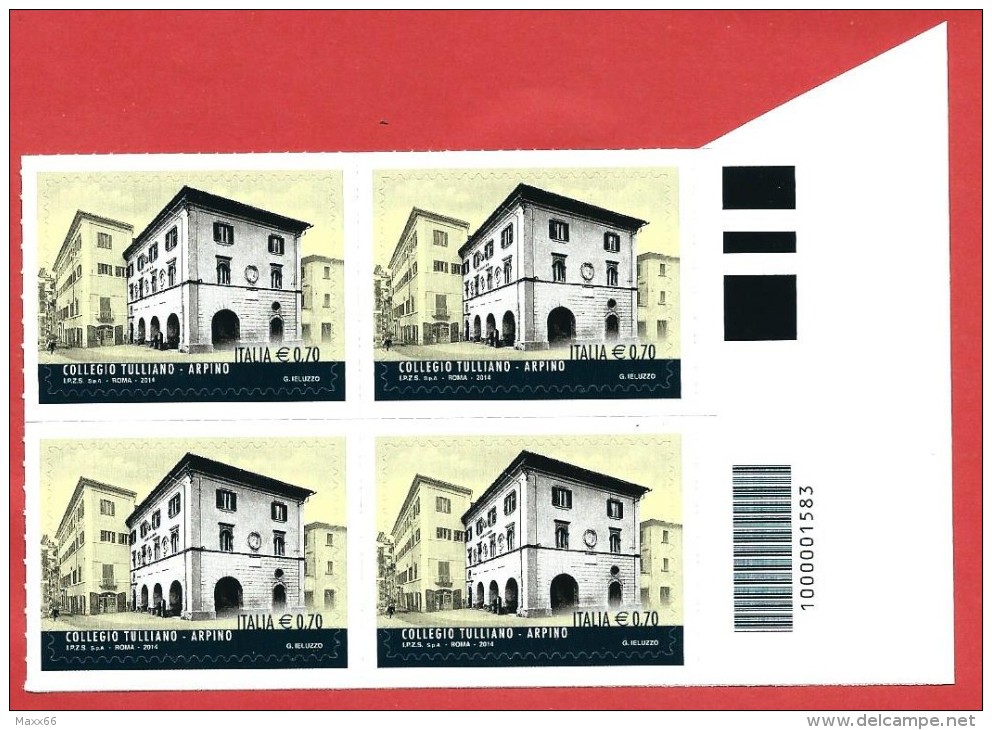 ITALIA REPUBBLICA QUARTINA BARRE INF - 2014 - Eccellenze Del Sapere - Collegio Tulliano, Arpino - € 0,70 - S. 3484 - Codici A Barre