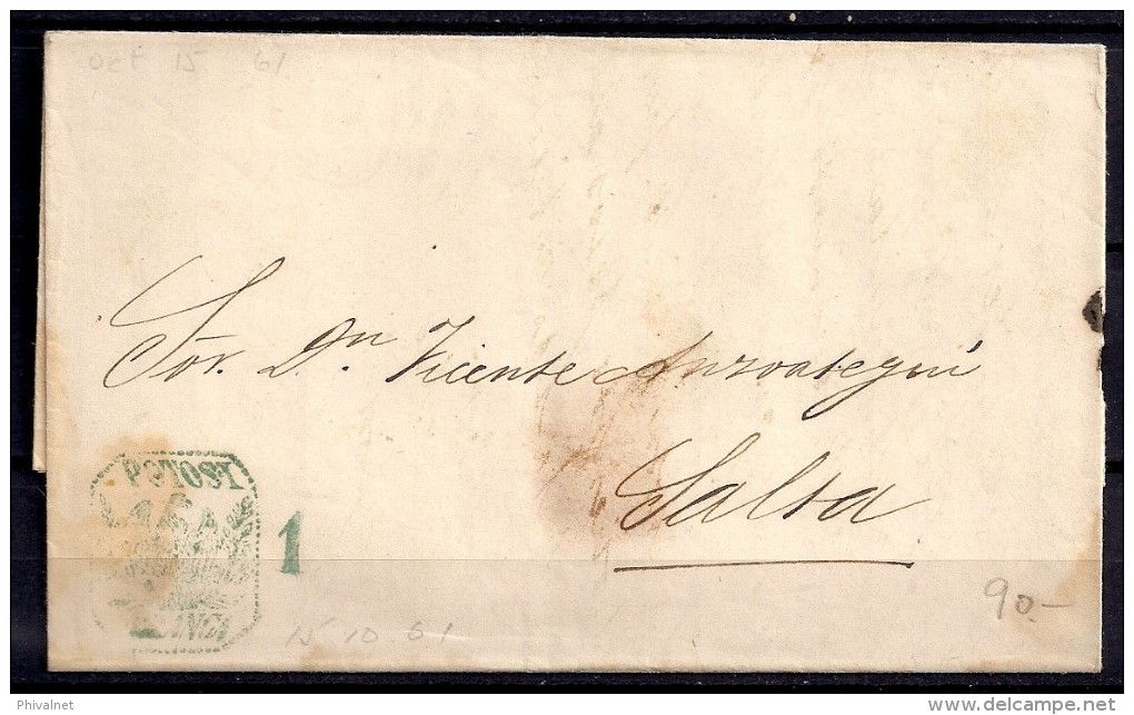 AÑO 1861, CARTA COMPLETA PREFILATELICA, DE POTOSI A SALTA, CÓNDOR POTOSI FRANCA EN VERDE - Bolivia