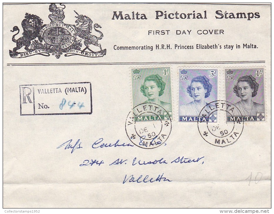 521A  MALTA PICTORIAL STAMPS, FDC, REGISTRED COVER ,1950, MALTA - Malta