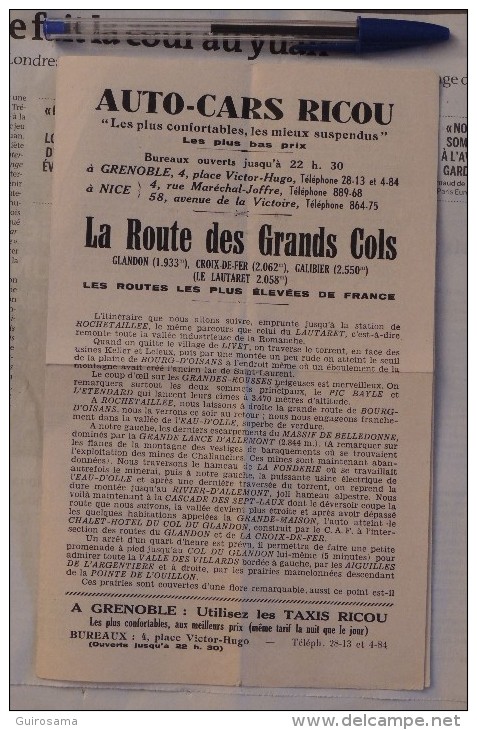 Auto-cars Ricou Et La Route Des Grands Cols (Grenoble Et Nice) Carte Du Trajet - Années 30 - Sport En Toerisme