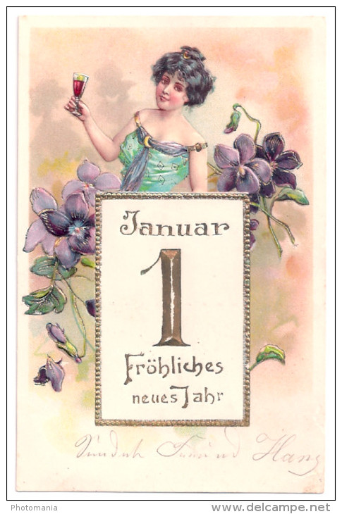 Litho Präge Jugendstil AK Neujahr Frau Mit Weinglas Sektglas Kalenderblatt 1904 - Nieuwjaar