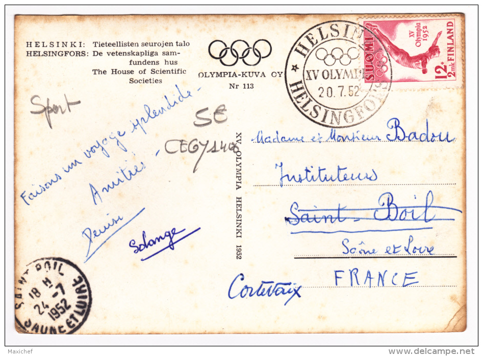 XV Olympia Helsinki 1952, Circulé 1952, Cachet Et Timbre Des XV Jeux Olympiques - The House Of Scientific Societies - Olympische Spiele