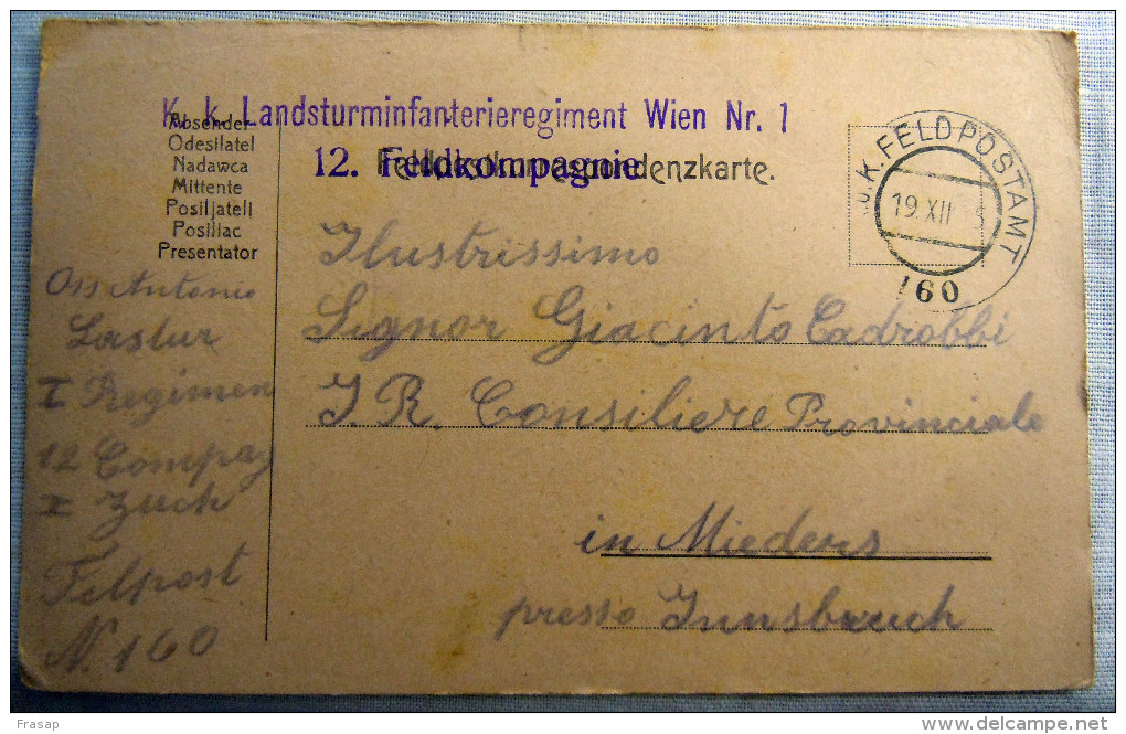 Franchigia Feldpost Feldpostkorrespondenzkart E Feldpostkarte KUK  160 19-XII-1915    WWI - Occ. Autrichienne
